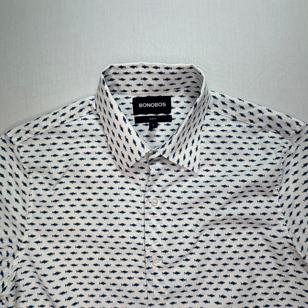 Bonobos Mens Slim Fit Short Sleeve Button Down White Fish All Over  Print Size S